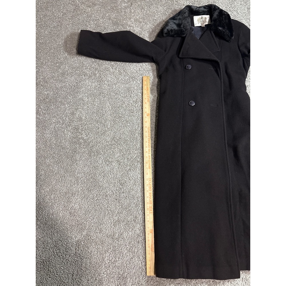 Vintage RZR Weather Wise Black 100% Wool Long Coat Faux Fur Collar Size 7/8 - Picture 7 of 8